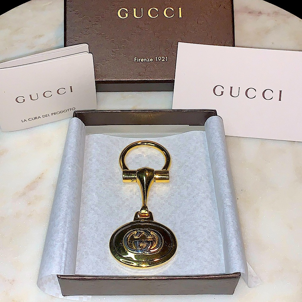 GUCCI KEYCHAIN EQUESTRIAN HERITAGE DOUBLE GG GOLD & SILVER VINTAGE 1980s